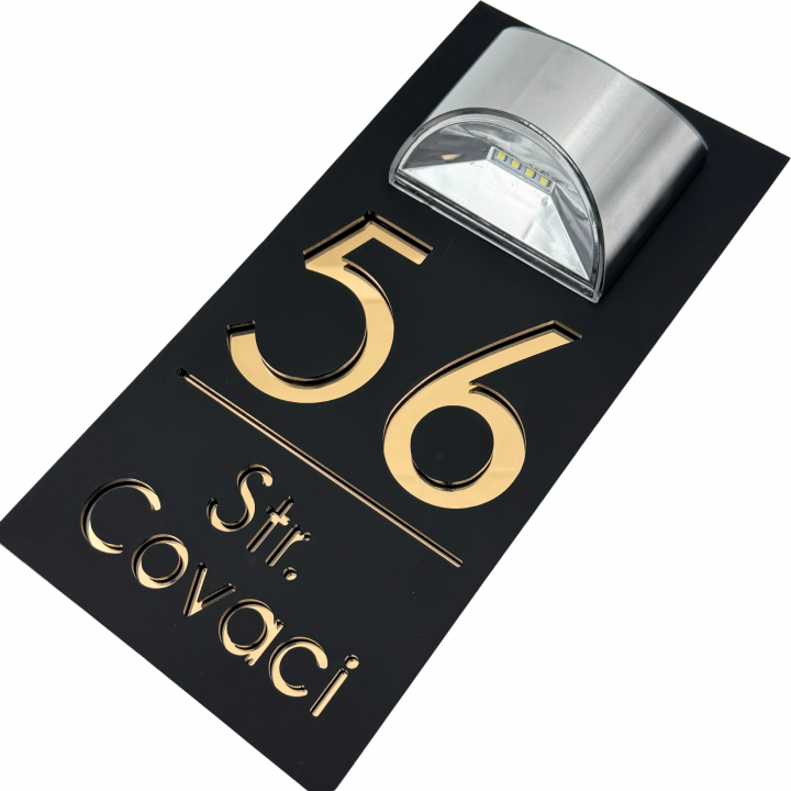NUMAR CASA PREMIUM - Negru Satinat / Auriu Oglinda / Lampa Solara - 30x15cm