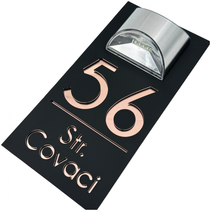 NUMAR CASA PREMIUM - Negru Satinat / Roze Auriu Oglinda / Lampa Solara - 30x15cm